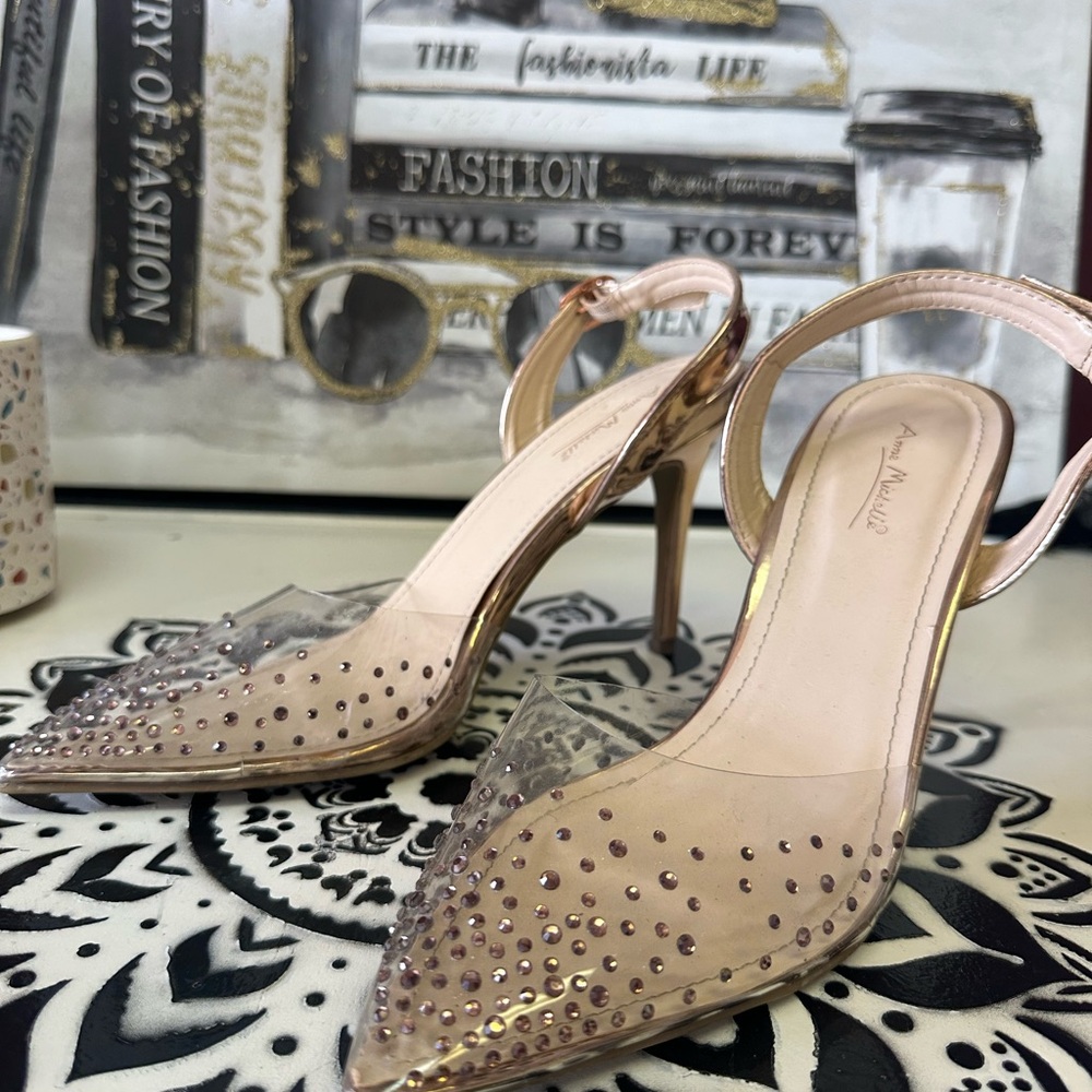 Anne Michelle Tan & Cream Rhinestone Heels